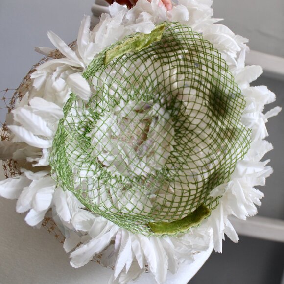 Vintage 1950's 1960's Women's Cream Color Floral Netted Pillbox Hat - Picture 5 of 5